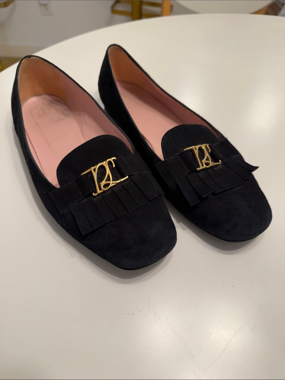 Pretty Ballerinas Black Suede Fringe Loafers with Gold Logo